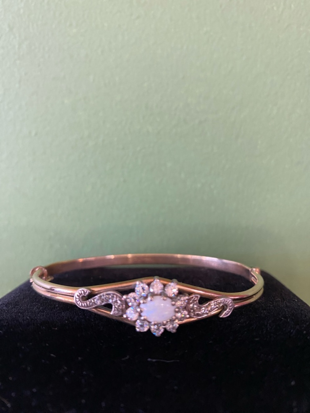 Opal and CZ gold tone plated faux vintage Accent Rose Gold Bangle Bracelet